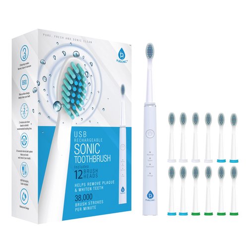 Pursonic Whitening USB Rechargeable Sonic Toothbrush-12 Brush Heads!- 38,000 Brush Strokes Per Minute-3 Brushing Modes with 2 Minute Auto Timer (White)