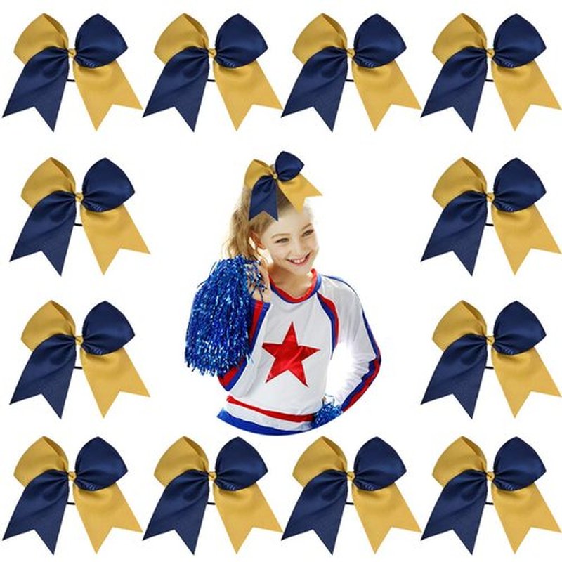 DEEKA 12PCS 8" Two Toned Large Cheer Hair Bows Ponytail Holder Handmade for Teen Girls Softball Cheerleader Sports-Navy Blue/Gold
