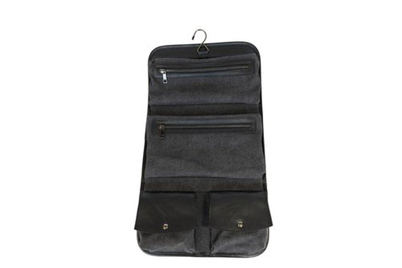 Vetelli Leather Toiletry Bag for Men - Water Resistant, 2 Zippered Internal Pockets, 2 Snap-Fastened Internal Pockets, and Hanging Hook. (Black)
