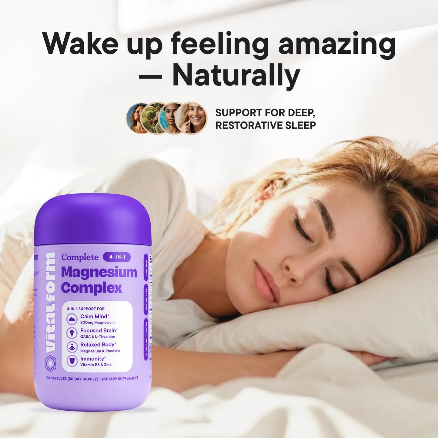 VitalForm Magnesium Glycinate Sleep Complex – Non-Habit Forming Support with L-Theanine, GABA, Zinc & Rhodiola – Promotes Relaxation, Calm & Muscle Recovery – Non-Melatonin – 100 Capsules