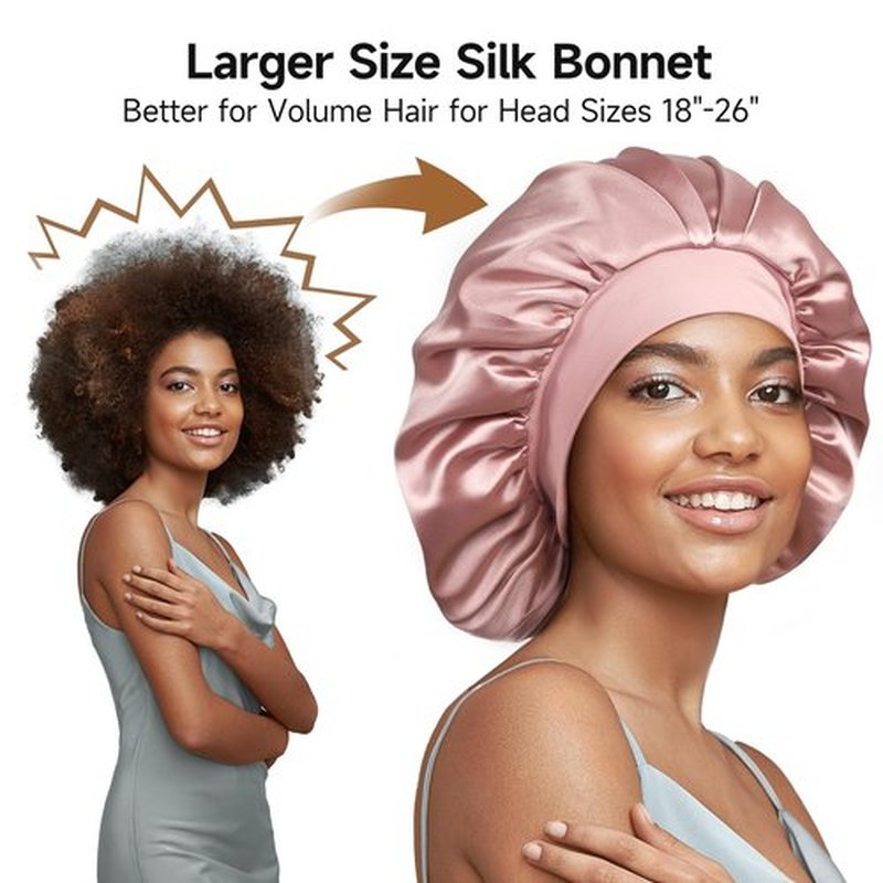 Umisleep 22 Momme 100% Real Mulberry Silk Bonnet for Sleeping Women, Large Hair Care Bonnet for Long Curly Hair, Double Layer Silk Hair Wrap with Soft Elastic Band, Non-Slip Sleep Cap, Pink