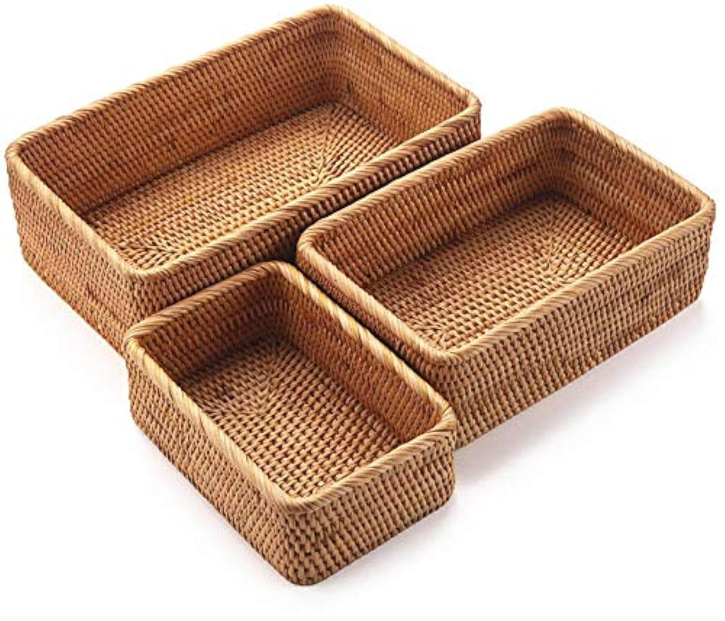 Yangqihome Natural Rattan Storage Baskets, Rectangular Woven Fruit Baskets, Decorative Wicker Basket and Small Baskets for Organizing (Set of 3)