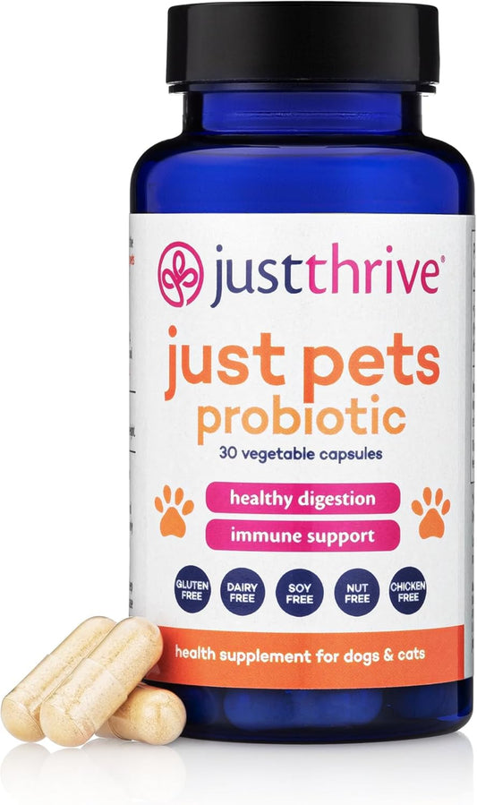 Just Pets Probiotic - Daily Digestive Probiotics for Dogs & Cats | 30 Capsules with 4 Billion CFUs