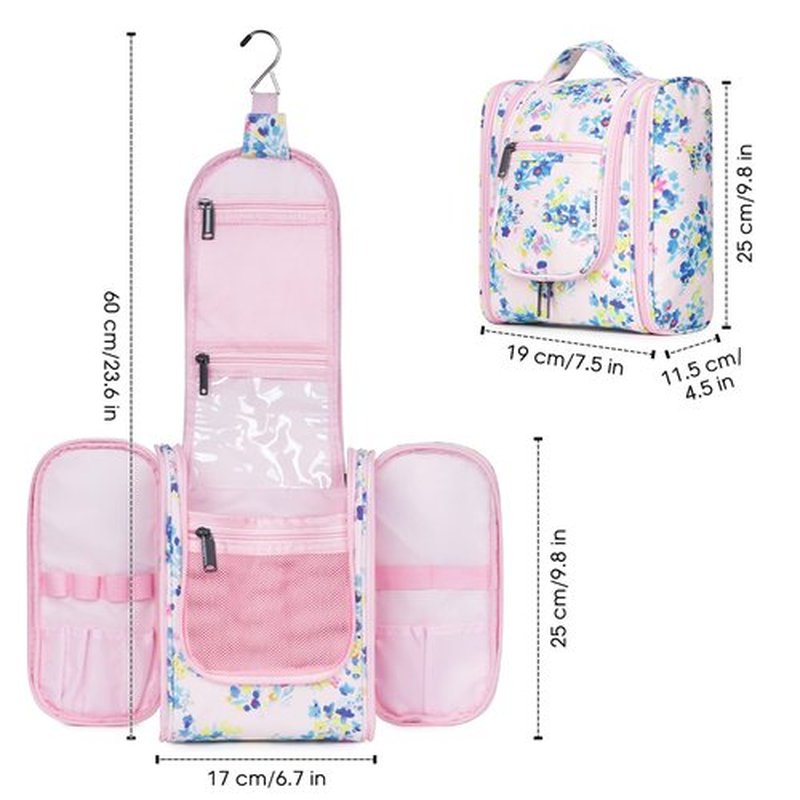 Narwey Small Hanging Travel Toiletry Bag Cosmetic Make up Organizer for Women and Men (Medium, Pink Flower)