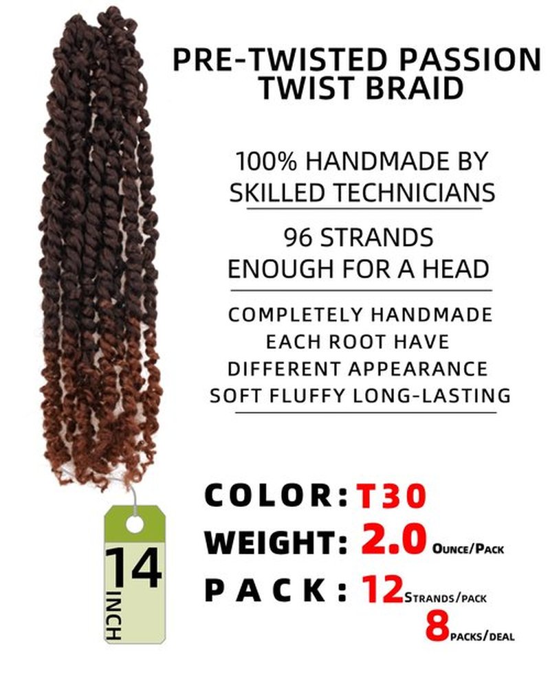 14 Inches 8 Packs Passion Twist Crochet Hair-Ombre Brown Pre-twisted Passion Twists,Pre-Looped Crochet Braids Made Of Bohemian Hair Synthetic Braiding Hair Extensions (14 Inch(Pack of 8), T30)
