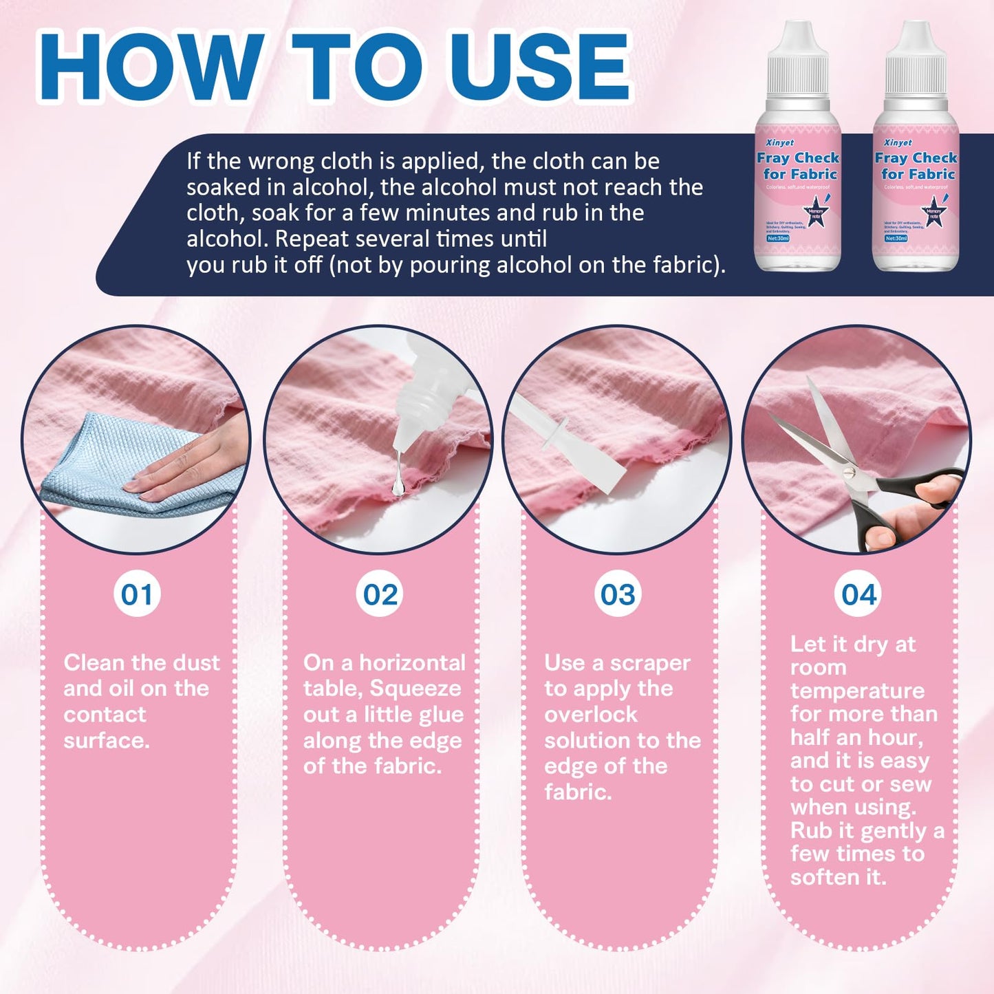 Xinyet 60ml Fray Stop for Fabric,Fray Check for Fabric Clear, Dried Clear Soft Flexible with Brush Wooden Scraper, Prevent Fraying and Edge Sealing Suit for Embroidery, Quilting,Stitchery