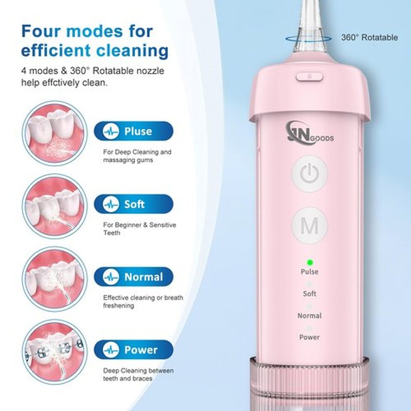JNGOODS Mini Portable Water Flosser Oral Irrigator Water Teeth Cleaner Pick, Telescopic Water Tank, 4 Modes & IPX7 Waterproof, Home & Travel Water Flossers for Teeth, Braces Bridges Care. (Pink)