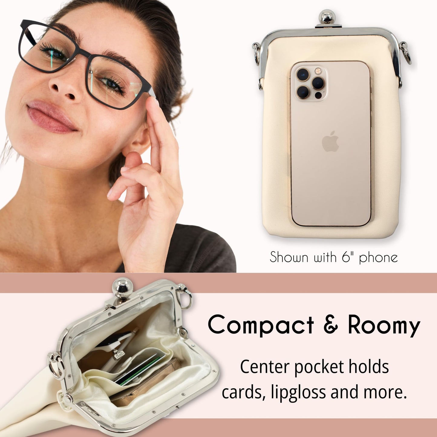 BORSALI Double Eyeglass Case for Women- Small Vegan Leather Crossbody Phone Bag - Soft Versatile Sunglass & Cell Phone Purse in one -Crossbody Chain Incl. (Cream)