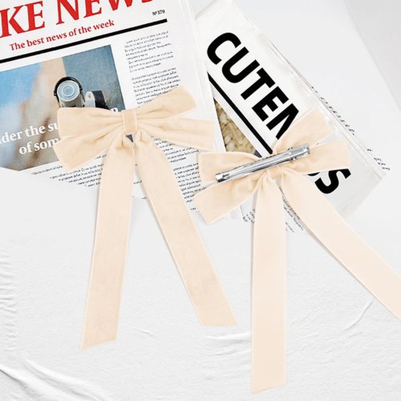 2PCS Beige Hair Bows Soft Velvet Bow Hair Clip with Long Tail Hair Accessories for Women Girls Toddlers