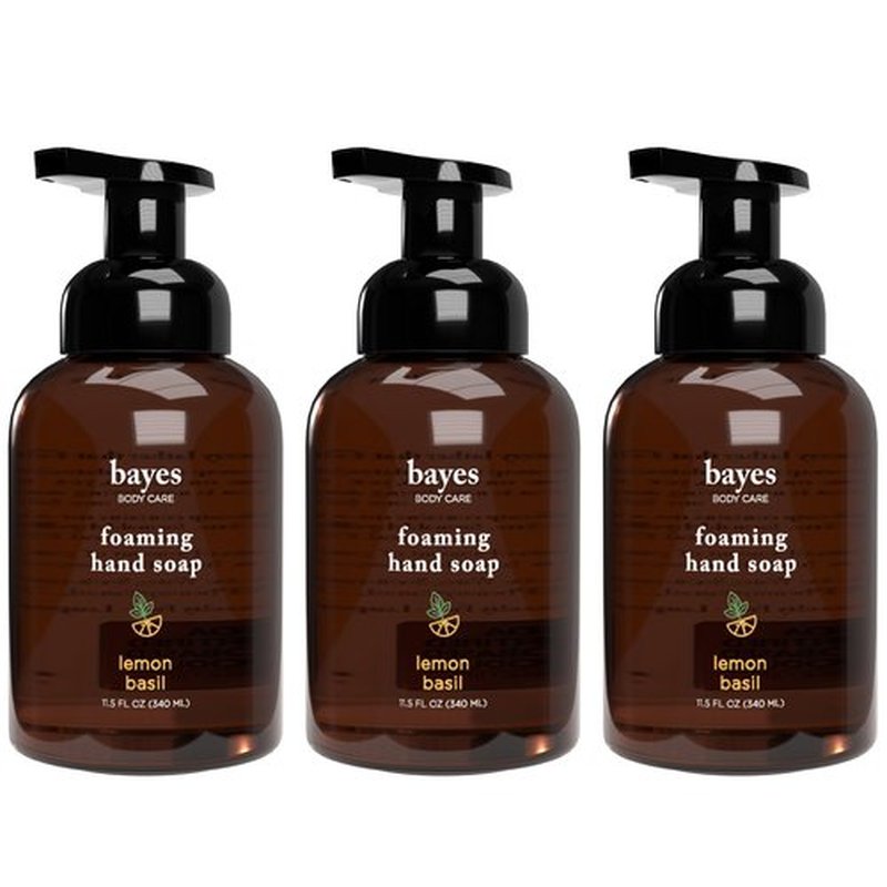 Bayes Foaming Hand Soap - Aromatic and Nourishing Hand Wash, Infused with Essential Oils - USDA Certified Biobased - 11.5 Ounce, Lemon Basil, 3 Pack