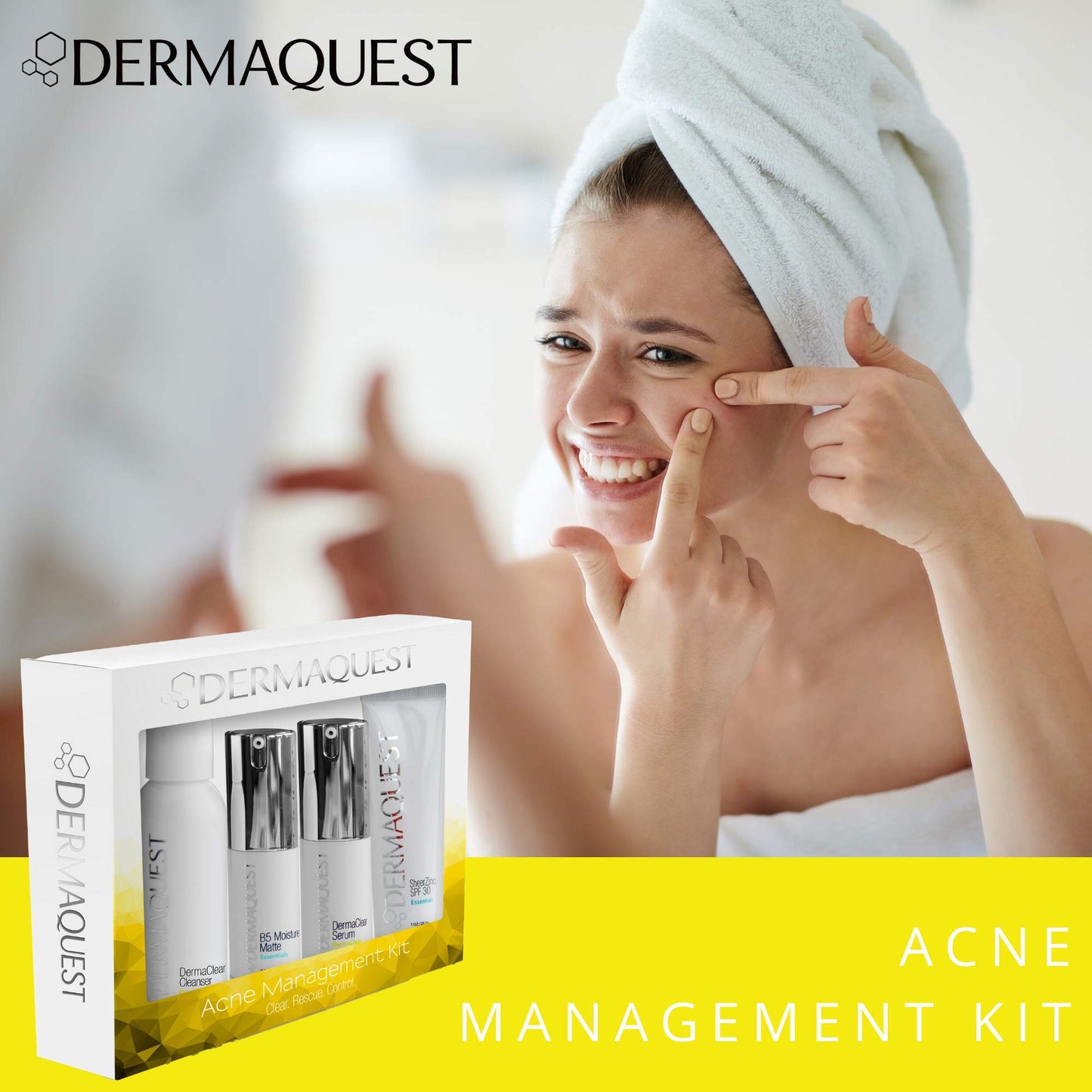 DermaQuest DermaClear Acne Treatment Kit - Acne Salicylic Acid Serum, Acne Facial Cleanser, Zinc Oxide Sunscreen, B5 Moisturizer - Skin Care and Acne Treatment for Oily & Sensitive Skin ($115 Value)