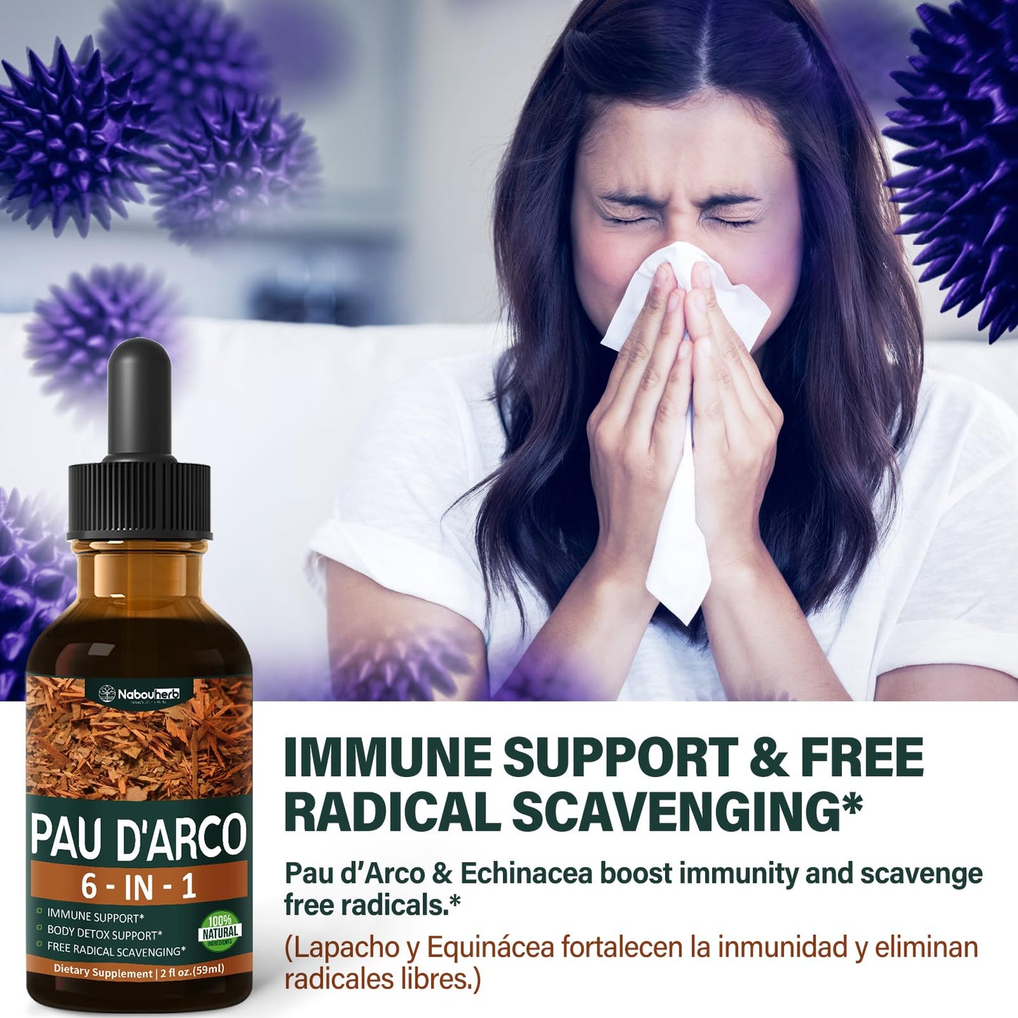 Nabouherb PAU d'Arco Extract Liquid Drops for Immune Support, PAU d arco Inner Bark Tincture Absorbs Better Than Capsule & Tea, 6-in-1 Herbal Blend w/Echinacea Burdock for Body Detox Cleanse.2oz