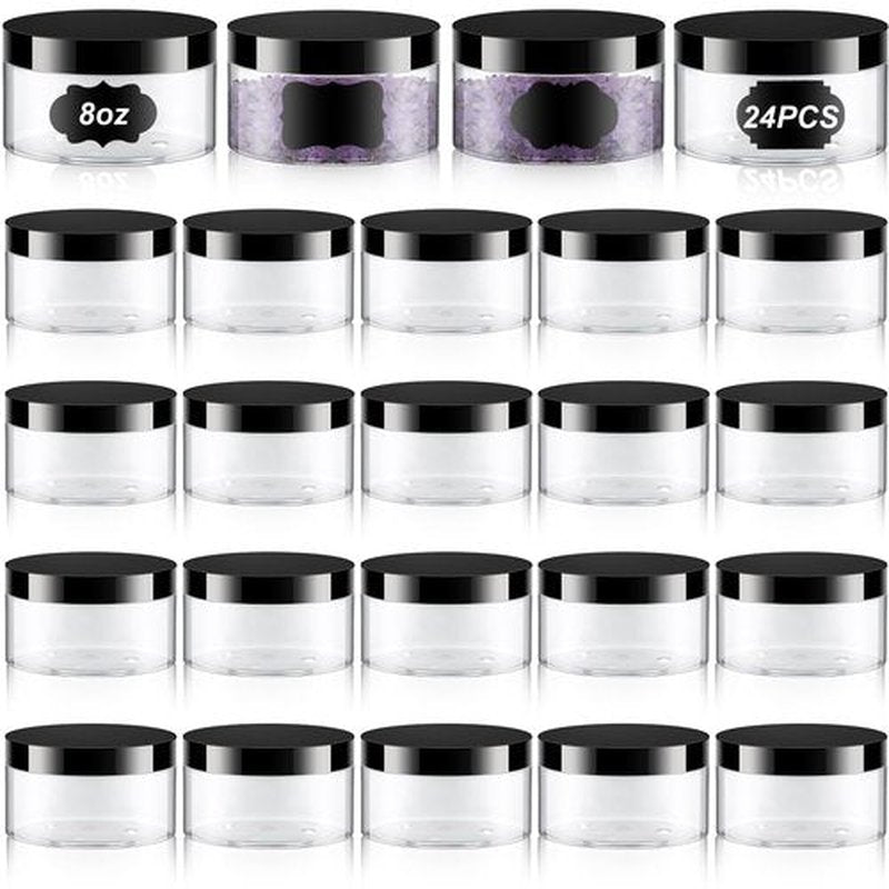 Dandat 24 Pcs Plastic Jars with Lid and Label PET Cosmetic Containers Leak Proof Empty Cosmetic Jars Refillable Storage Travel Jars for Lotion Cream Gel Powder Ointment(Clear,8 oz)