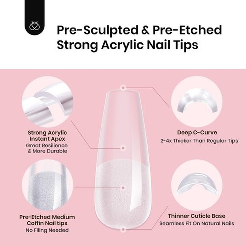 Beetles Tipex Instant Apex Nail Tips, 192Pcs 16 Sizes Pre-Building & Pre-Etched Gel Nail Tips Medium Coffin Thicker Acrylic Nails Strong Full Cover False Nail Extension Press-on Nails for Flat Nails
