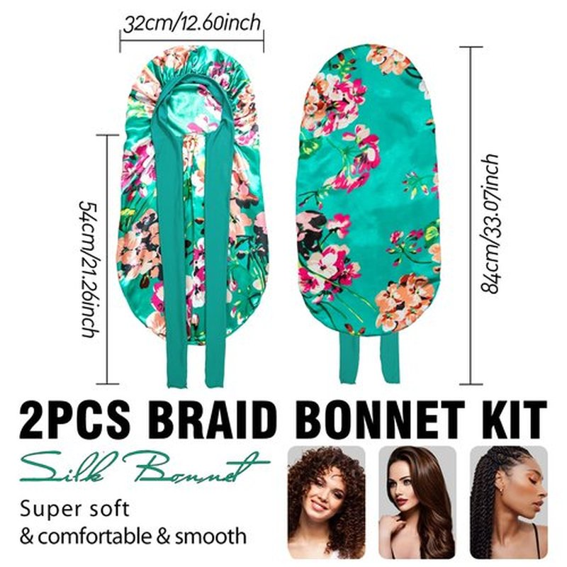 2Pcs Bonnets for Black Women Braid Bonnet, Large Long Satin Bonnet for Braids, Silk Bonnet with Stretchy Tie Band Sleep Cap Hair (2Pcs-Black&Printing Flower)
