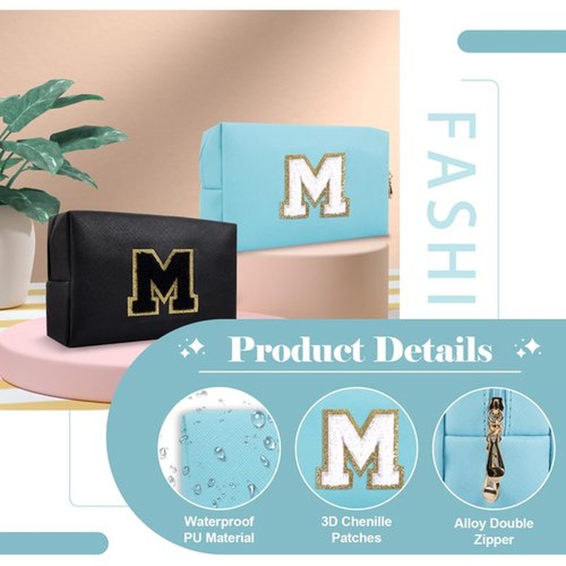 Small Personalized Initial A-Z Preppy Patch Makeup Bag,PU Chenille Letter Travel Cosmetic Pouch with Zipper,Blue Cute Toiletry Bag,Gift Ideal for Teen Girls Women Teacher Bridesmaid,Letter M