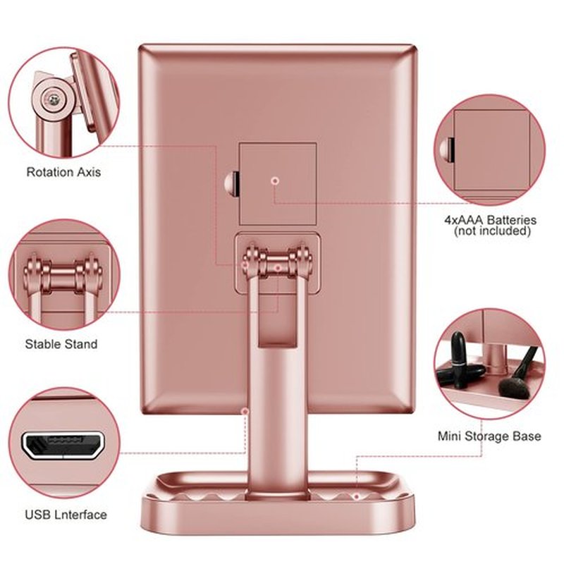 HUONUL Makeup Mirror, 10x3x2X Magnification, Lighted, Touch Control, Trifold, Dual Power Supply, Portable LED, Women Gift