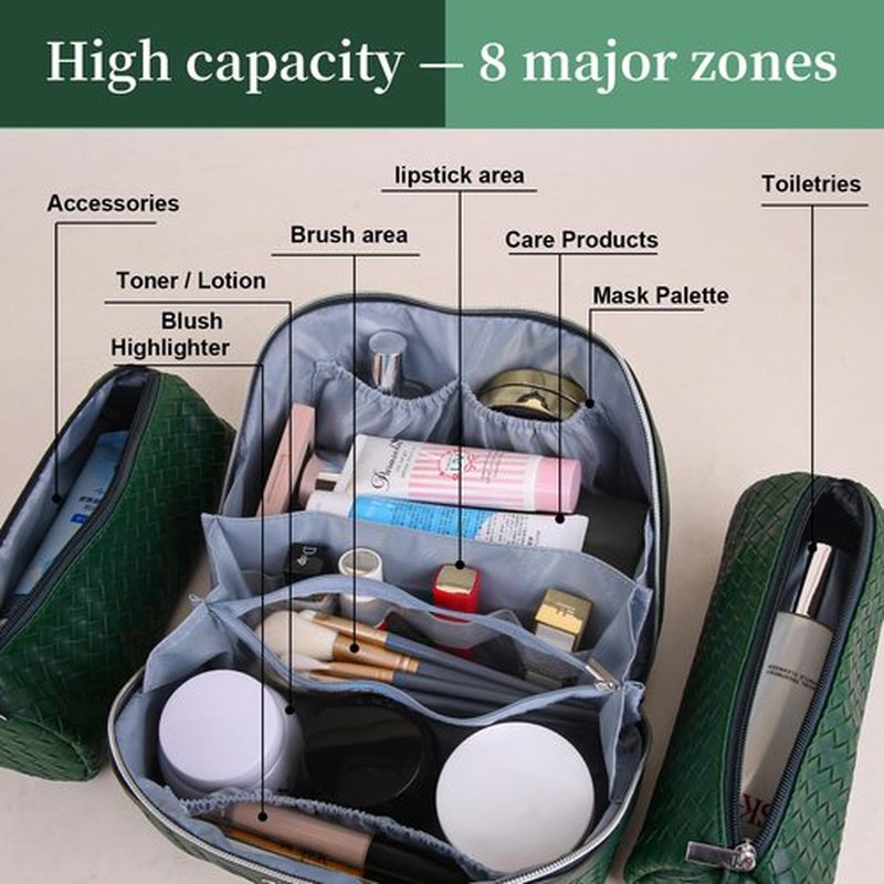 BOYATU Makeup Bag Travel Cosmetic Case: Large Capacity Woven Cosmetic Bag Organizer - Portable Toiletry Bags with Handle for Women 1-Z-Olive