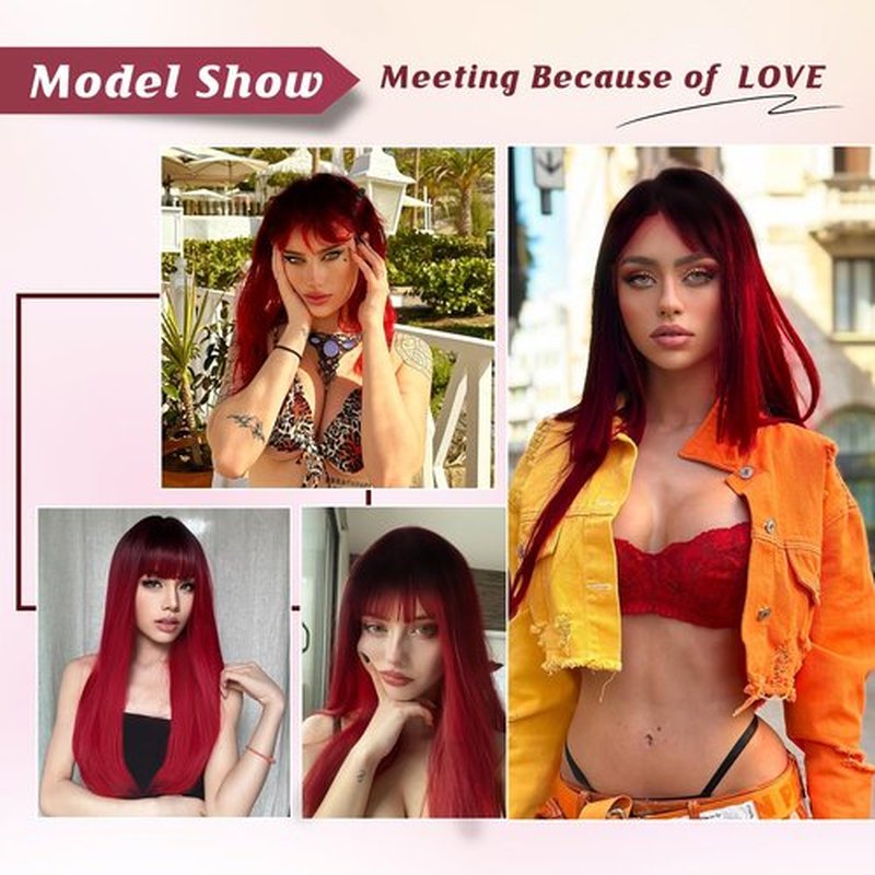 ENTRANCED STYLES Red Wig for Women Ombre Red Long Straight Wig with Bangs Synthetic Cosplay Wigs for Hallween Chrismas Daily Party Used 22Inch