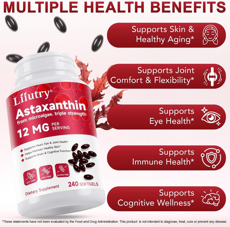 Astaxanthin 12mg Softgels - Premium Antioxidant Supplement for Eye, Skin & Immune Health | 240 Count