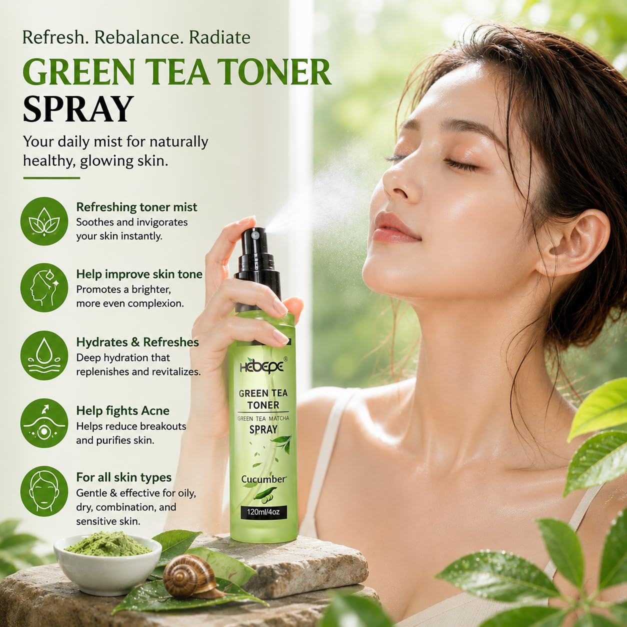 Hebepe Green Tea Matcha Facial Toner Mist with Lavender, Refreshing, and Soothing Face Toner, with Jojoba Oil, Castor Oil, Snail Filtrate,120ml