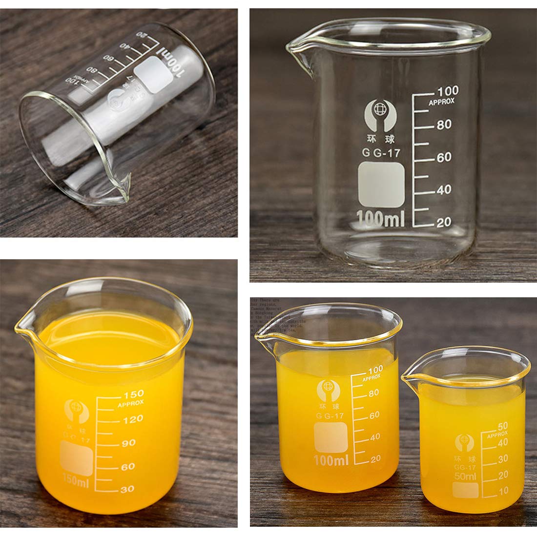 Glass Beakers Set, ZEEROQOLAB 5pcs Measuring Beaker 1000ml 500ml 250ml 100ml 50ml with 2pcs Cleaning Brush, 3pcs Droppers and 2pcs Glass Stirring Rods