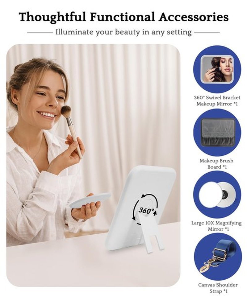 MOMIRA Travel Makeup Bag Cosmetic Bag with Lighted Mirror, Adjustable Brightness in 3 Color Scenarios/Detachable makeup mirror, 2024-All-round Upgrade, Waterproof, Gift for Women -Blue