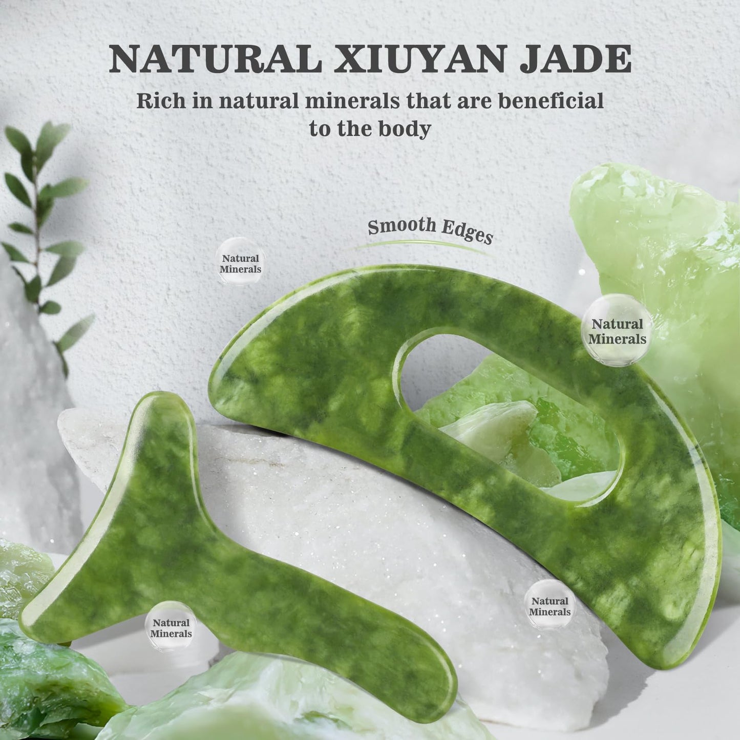CekPo 2 in 1 Jade Stone Gua Sha Massage Tool, Large Guasha Muscle Scraper Tools Set with Handle Muscle Scraping Massage Tools Anti Cellulite Spa Acupuncture Tools for Back Neck Leg Lymphatic Drainage