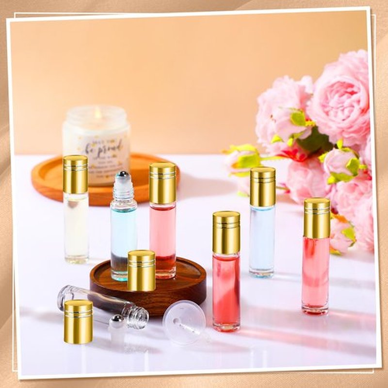SEEWEY 96 Pcs Essential Oil Roller Bottles 10ml Empty Glass Roller Bottles with Stainless Steel Roller Balls Protection Leakproof with 5 Funnel for Travel Perfume Lip Gloss (Clear, Gold Lid)