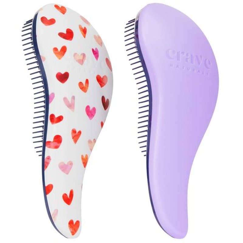 Crave Naturals Glide Thru Detangling Hair Brush for Adults and Kids - Detangler Hairbrush for Curly or Straight, Wet or Dry Hair - Gentle on Tangles Hair Comb - Purple and Pink Hearts (Pack of 2)