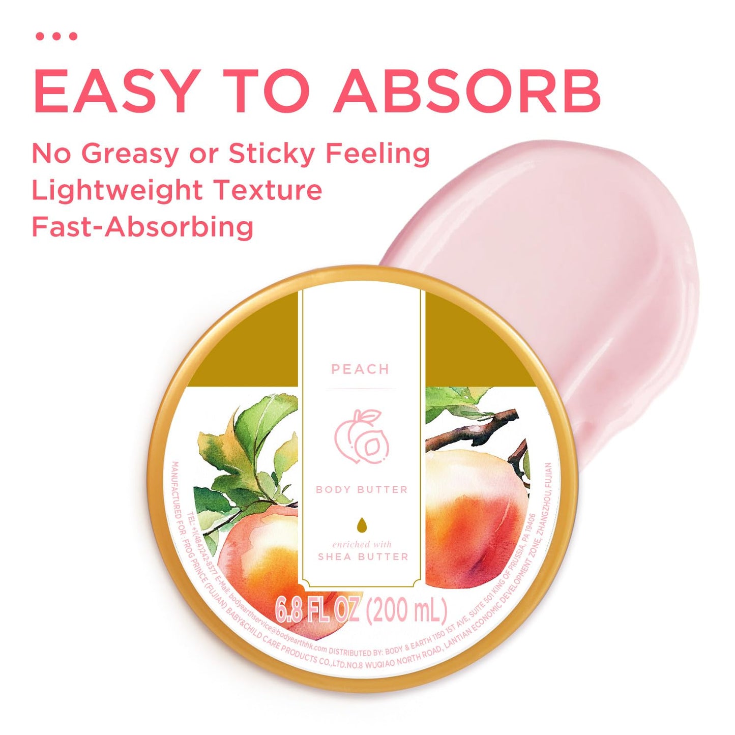Princess Belle Peach Body Butter with Natural Shea Butter, Body Moisturizer for Dry Skin, Body Care for Women-Deep Moisturizing and Softening-200ml(6.8 floz)
