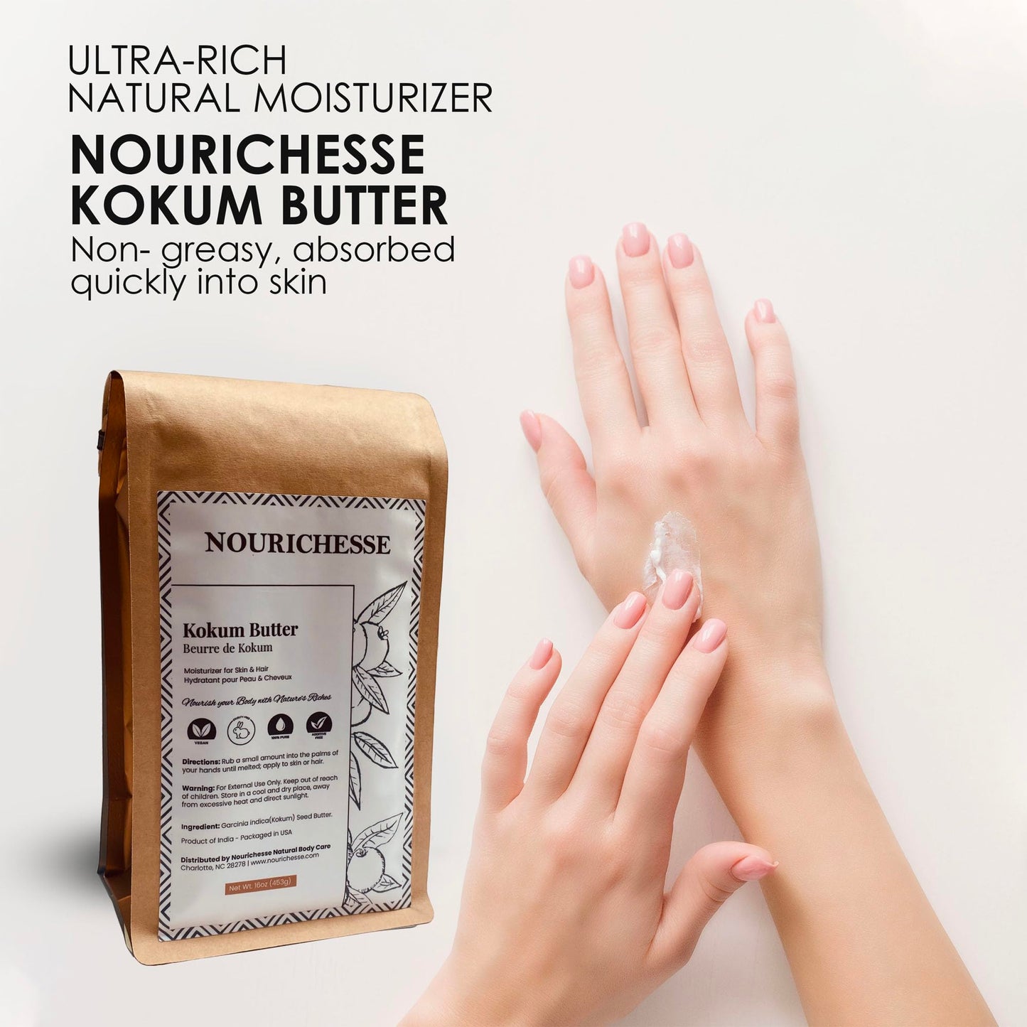 Nourichesse Kokum Butter - 1 LB (16oz) Block. Pure Butter, Great Moisturizer for Skin and Hair. Use in DIY Soap, Balm, and Cream.