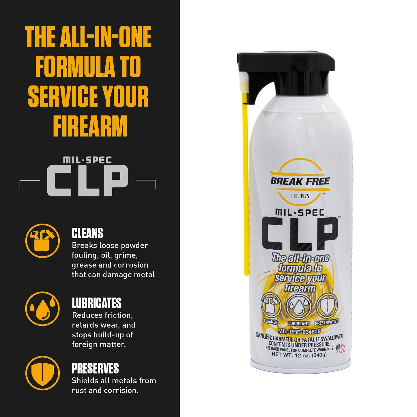 Break Free CLP Cleaner Lubricant and Preservative Gun Cleaner, CLP-12, Aerosol Can, Synthetic Oil, 12 Ounces