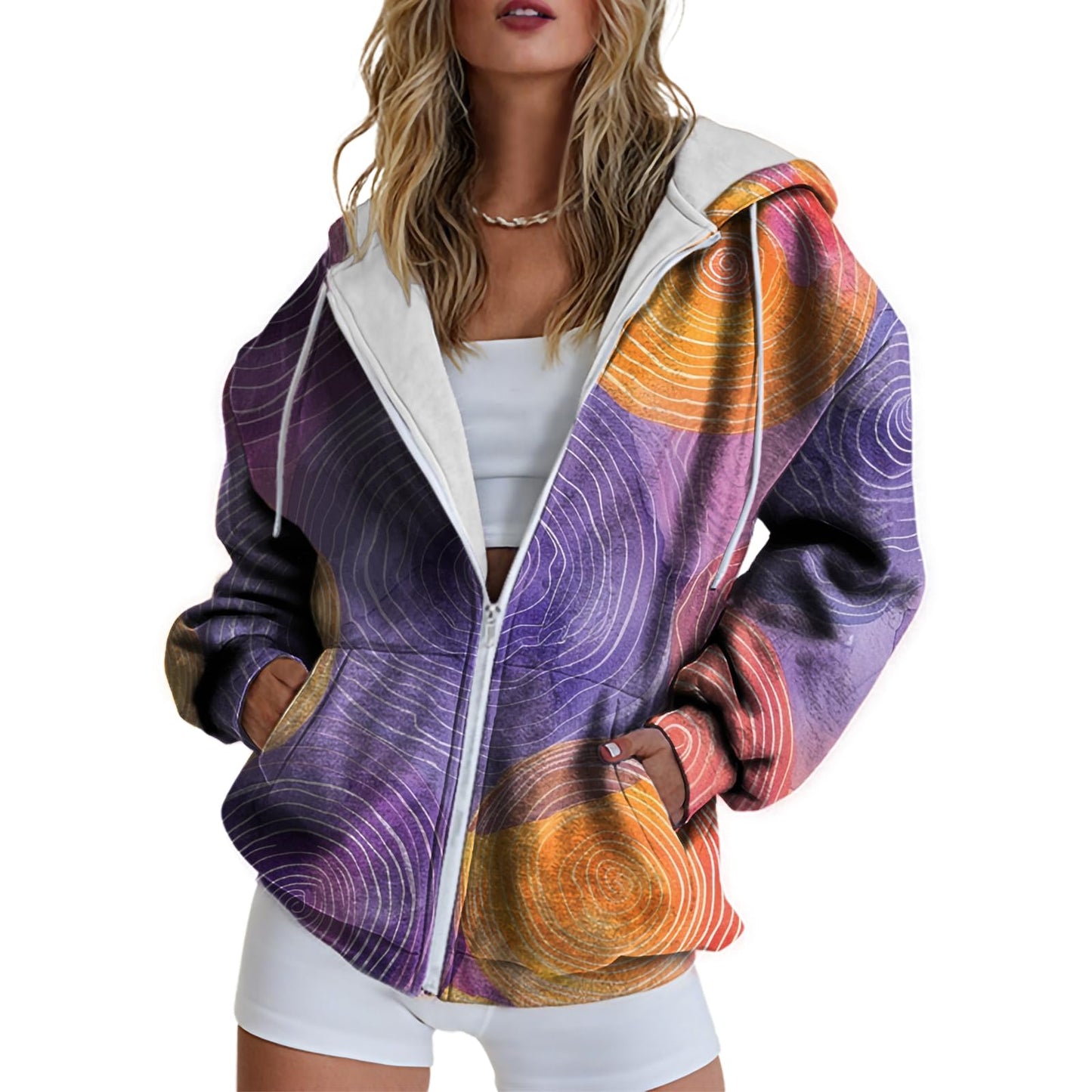 domirica Plus Size Zip Up Hoodies Women Graphic Printed Circle Purple Spring Vibrant Long Sleeve V Neck Hooded Sweatshirts Full Zipper Business Casual Fashion Jackets Womens,5XL