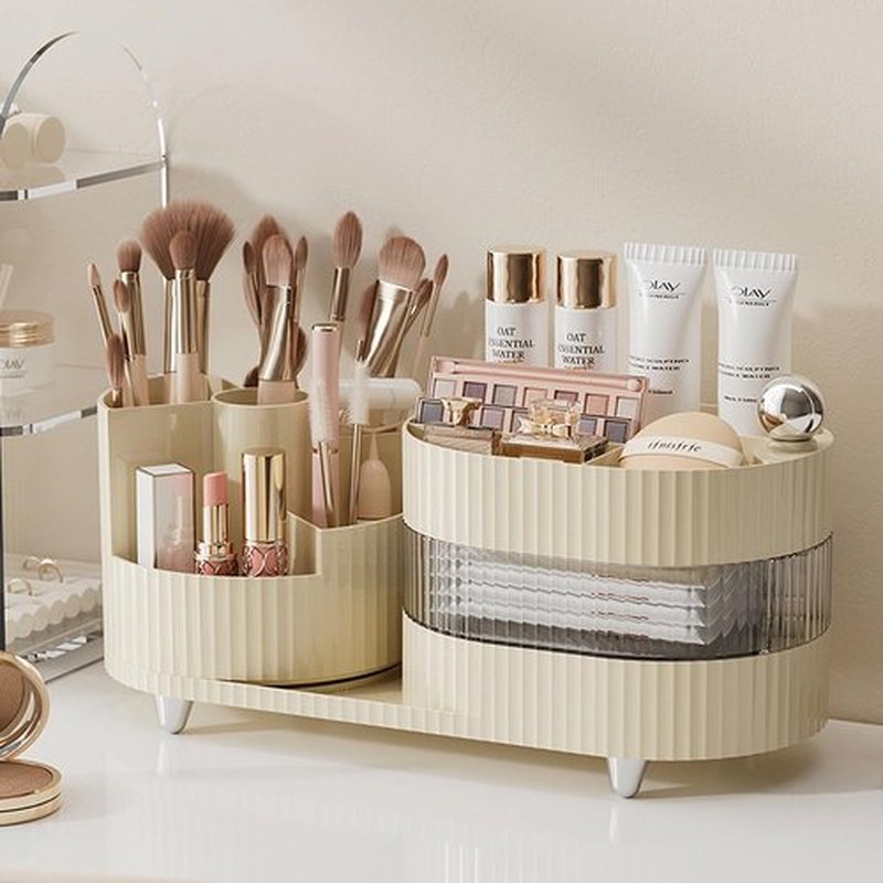 Artcochan Makeup Organizer Countertop 360°Rotating Makeup Organizer for Vanity - Make Up & Jewelry Storage Cosmetic Storage Holder with Makeup Brush Holder and Jewelry Storage (3 Tiers, Cream)