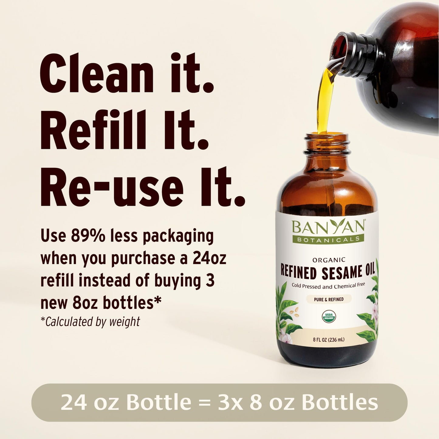 Banyan Botanicals Refined Sesame Oil – Organic Sesame Oil for Skin, Body, Hair & More – Multiple Sizes – 24 oz – Non GMO Sustainably Sourced Vegan