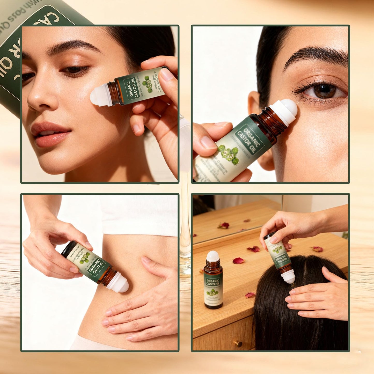 Maidlure Organic Castor Oil Roll-on with Rose Quartz, 100% Cold-Pressed Organic Castor Oil Glass Bottles Roller for Skin, Brows & Lashes 1.7oz (1)