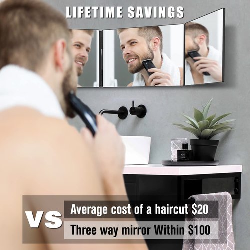 OLIBUY 3 Way Mirror for Hair Cutting, Tri-fold Mirror for Shaver and Makeup, Height Adjustable with Two Hold Nails Self Haircut Mirror can as a Gift for Men or Women