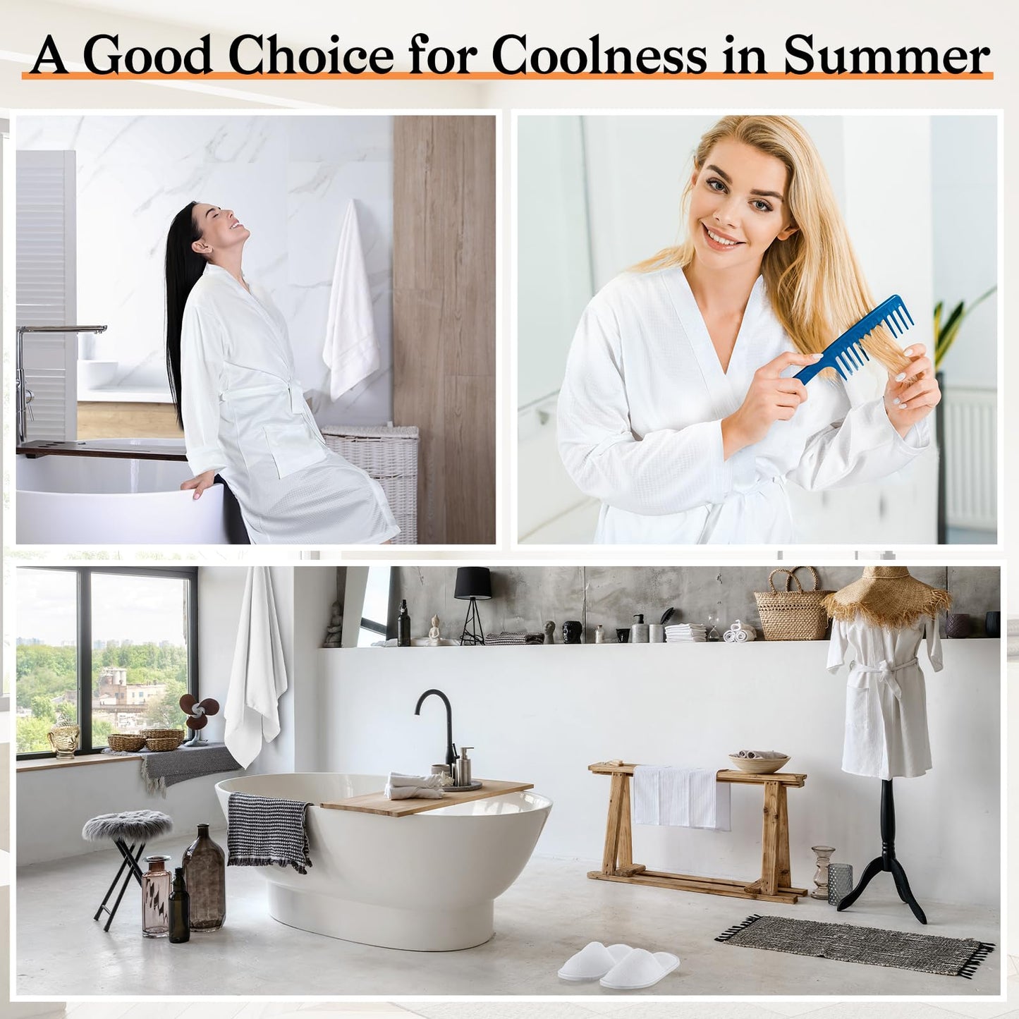 Handepo 2 Sets Waffle Bath Robe Set Unisex Hotel His and Hers Robes Couples Lightweight Knit Spa Bathrobe Slipper Hair Towel(White,L)