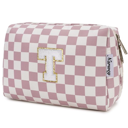 Narwey Personalized Initial Makeup Bag Toiletry Bag Gifts for Women Girls Large Checkered Makeup Bag Zipper Pouch Travel Cosmetic Bag Organizer for Women (Dusty Rose Checkerboard Letter T)