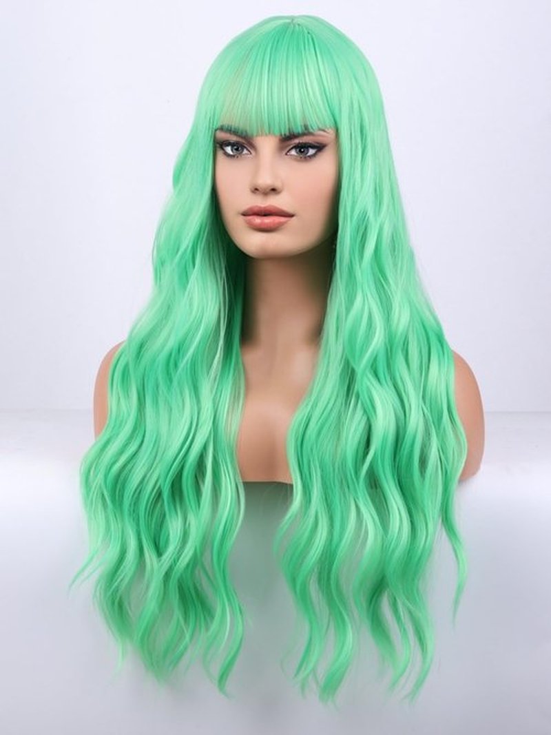 MAGQOO Green Wig for Women Long Curly Wavy Light Green Wig Mint Green Wig with Bangs Synthetic Heat Resistant Fiber Halloween Cosplay Costume Daily Party Use