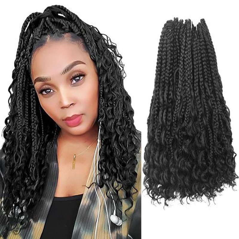 Niseyo Goddess Box Braids Crochet Hair 16 Inch 8 Packs Short Crochet Box Braids Pre Looped Curly Ends Boho Style Synthetic Hair (1#/Jet Black)