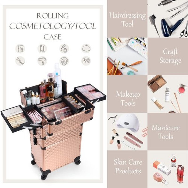 Adazzo 3 in 1 Professional Rolling Makeup Train Case Aluminum Trolley Case with 360° Rotation Wheels for Makuep Artist Cosmetic Suitcase Organizer with Lock and Key Diamond Pattern - Rose Gold