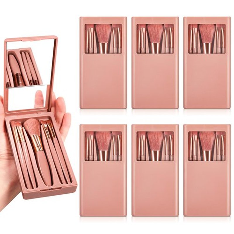 FoldTier 6 Sets Bridesmaid Proposal Gifts Mini Travel Makeup Brushes Bulk Bridesmaid Trip Bride Cosmetic Bag for Wedding Bridal Shower Bachelorette Party(Cameo Brown)