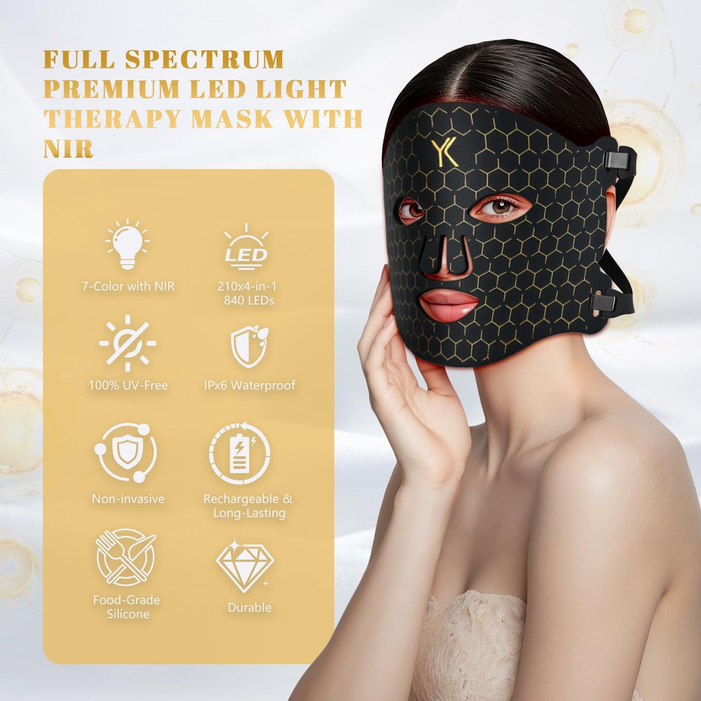 YIKIPRO LED Red Light Therapy Mask for Face, Neck and Chest, 7 Light Modes with 850nm NIR Light, 840 Beads, IPX6 Waterproof Rechargeable At-Home Skin Care Device