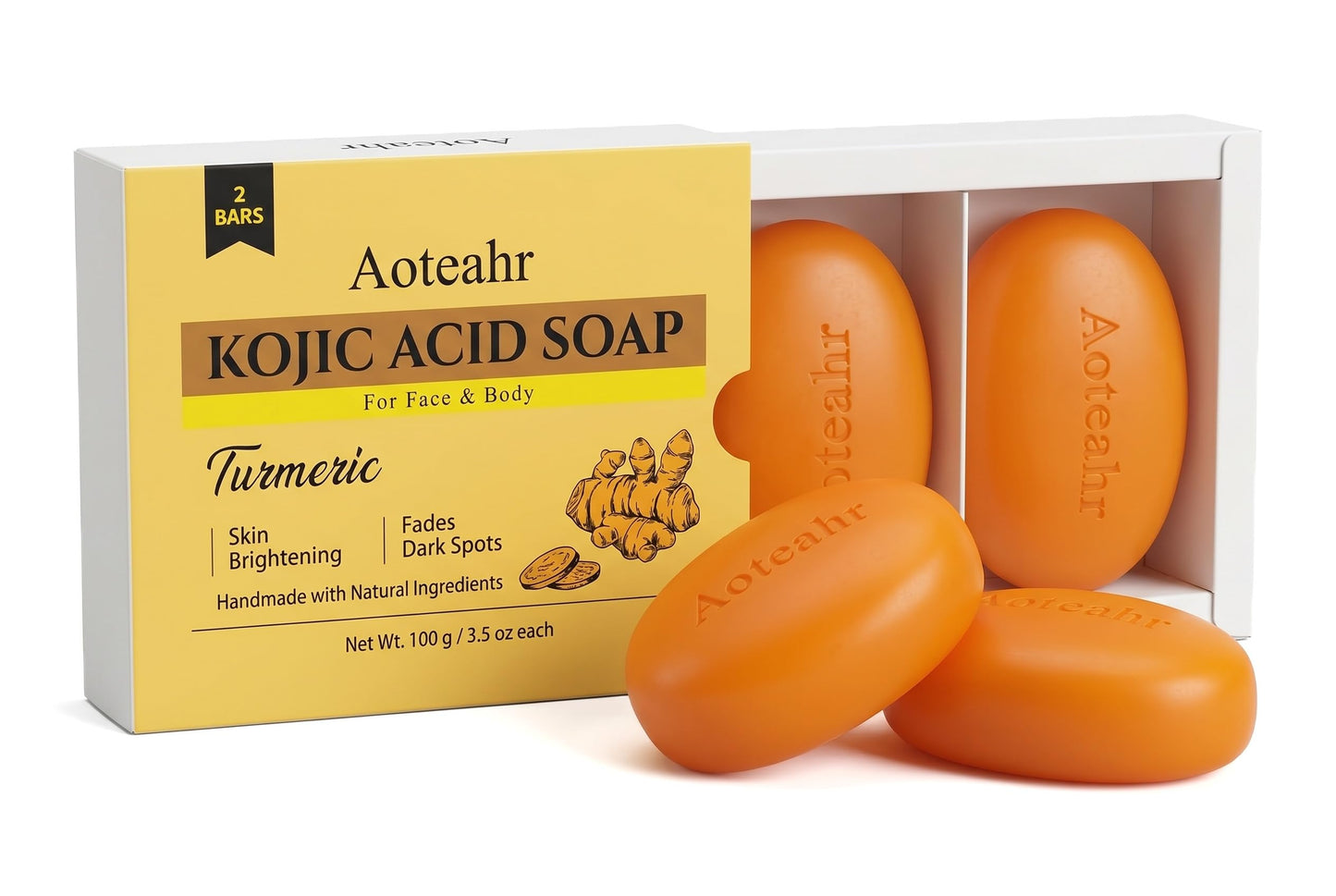 Aoteahr Kojic Acid Soap with Turmeric for Face & Body, Gentle Brightening Cleansing Bar, 3.5 oz Each, 2-Pack