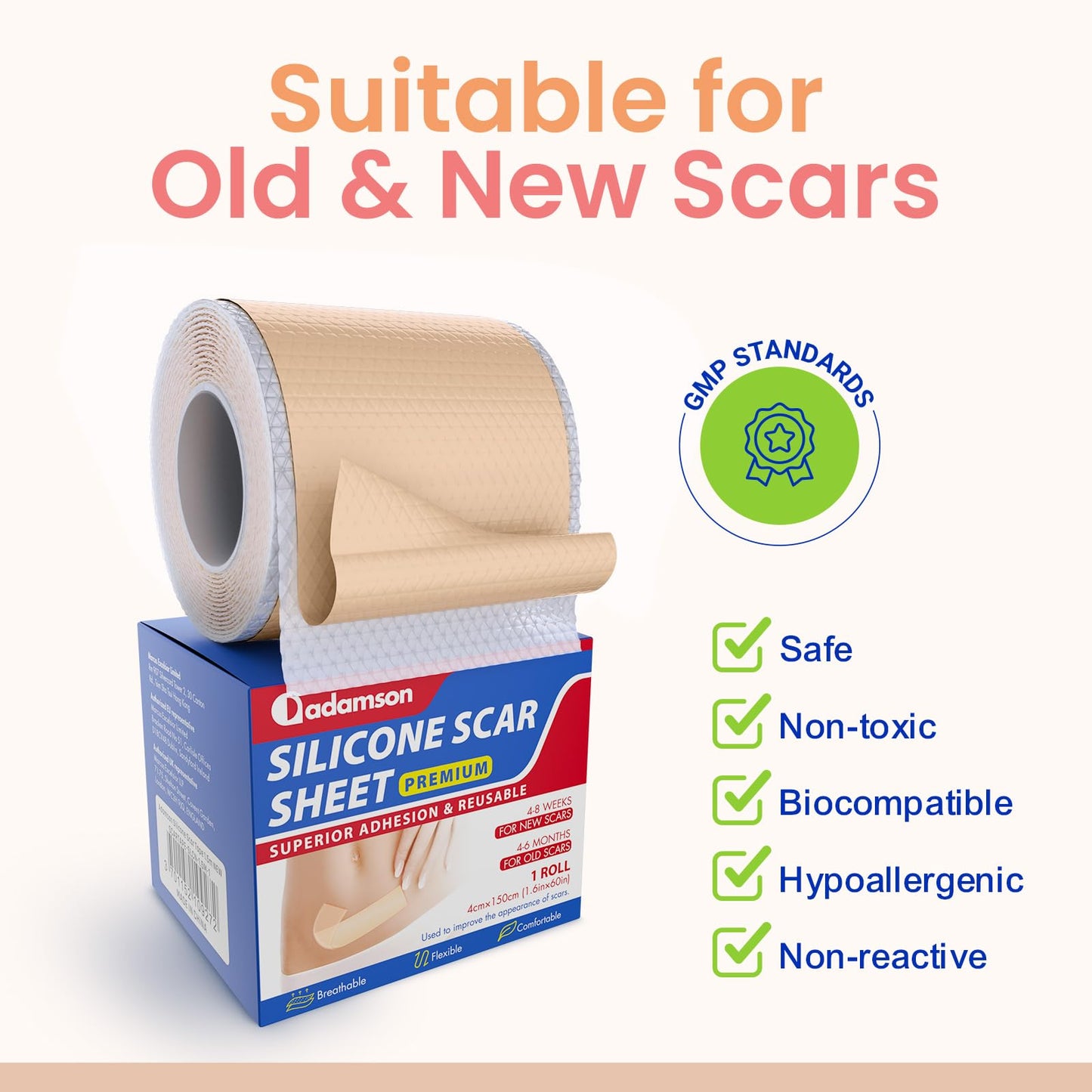 Adamson Silicone Scar Tape for Surgical Scars, Keloid, C-Section, Burns & More, Premium Silicone Scar Sheets, Reusable & Professional (1.6"x 60" Roll-1.5M)