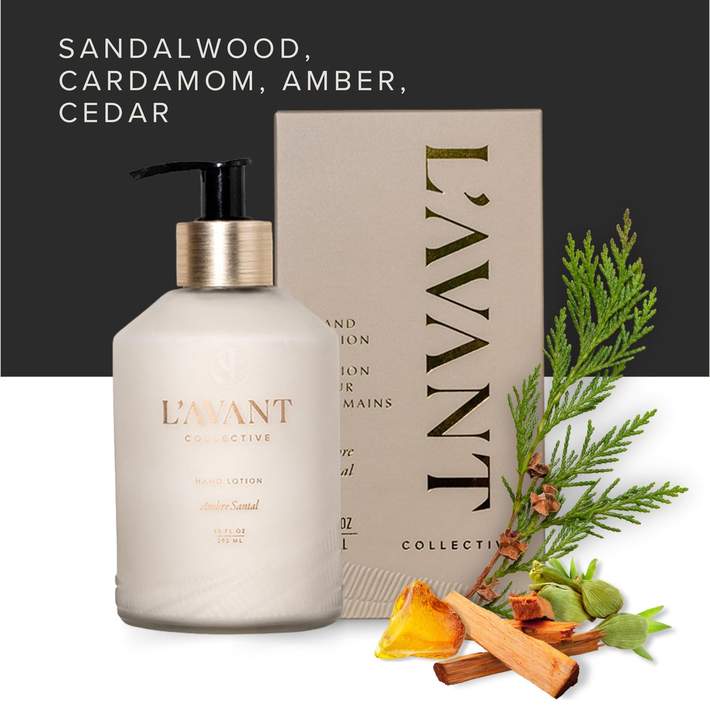 L'AVANT Collective Luxury Hand Lotion | Moisturizing Plant-Based Hand Cream with Pump, Non-Toxic, Lightweight Formula, Refillable Glass Bottle | 10 Fl Oz, Bathroom & Kitchen | Ambre Santal