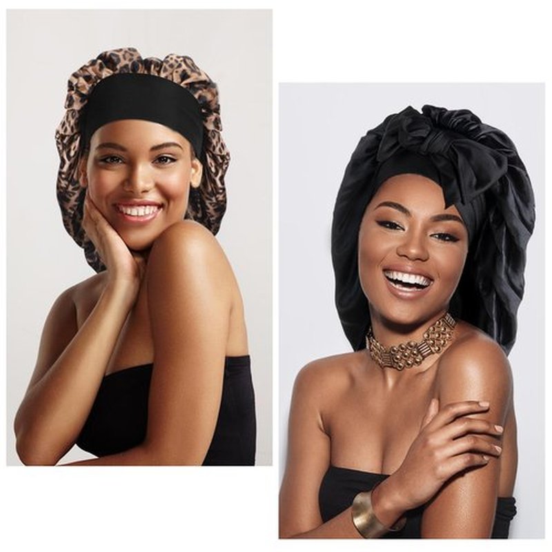 Arqumi 2 Pcs Cheetah-Print Satin Silk Bonnet for Sleeping Women, Large Cute Bonnet with Long Strap Tie Band Adjustable Sleep Night Cap Hair Bonnet for Men Long Short Hair, Black+Leopard Print