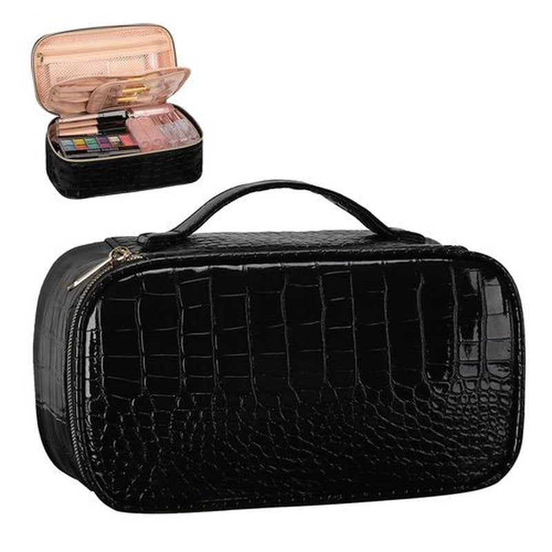 OCHEAL Small Cosmetic Bag,Portable Cute Travel Makeup Bag for Women and girls Makeup Brush Organizer cosmetics Pouch Bags-Black Leather